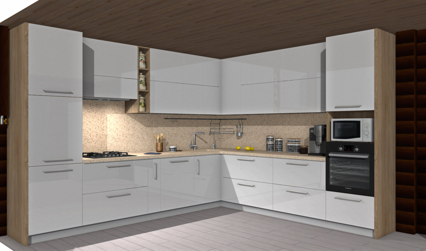 Белая Кухня Еггер с двумя пеналами и деревянной столешницей