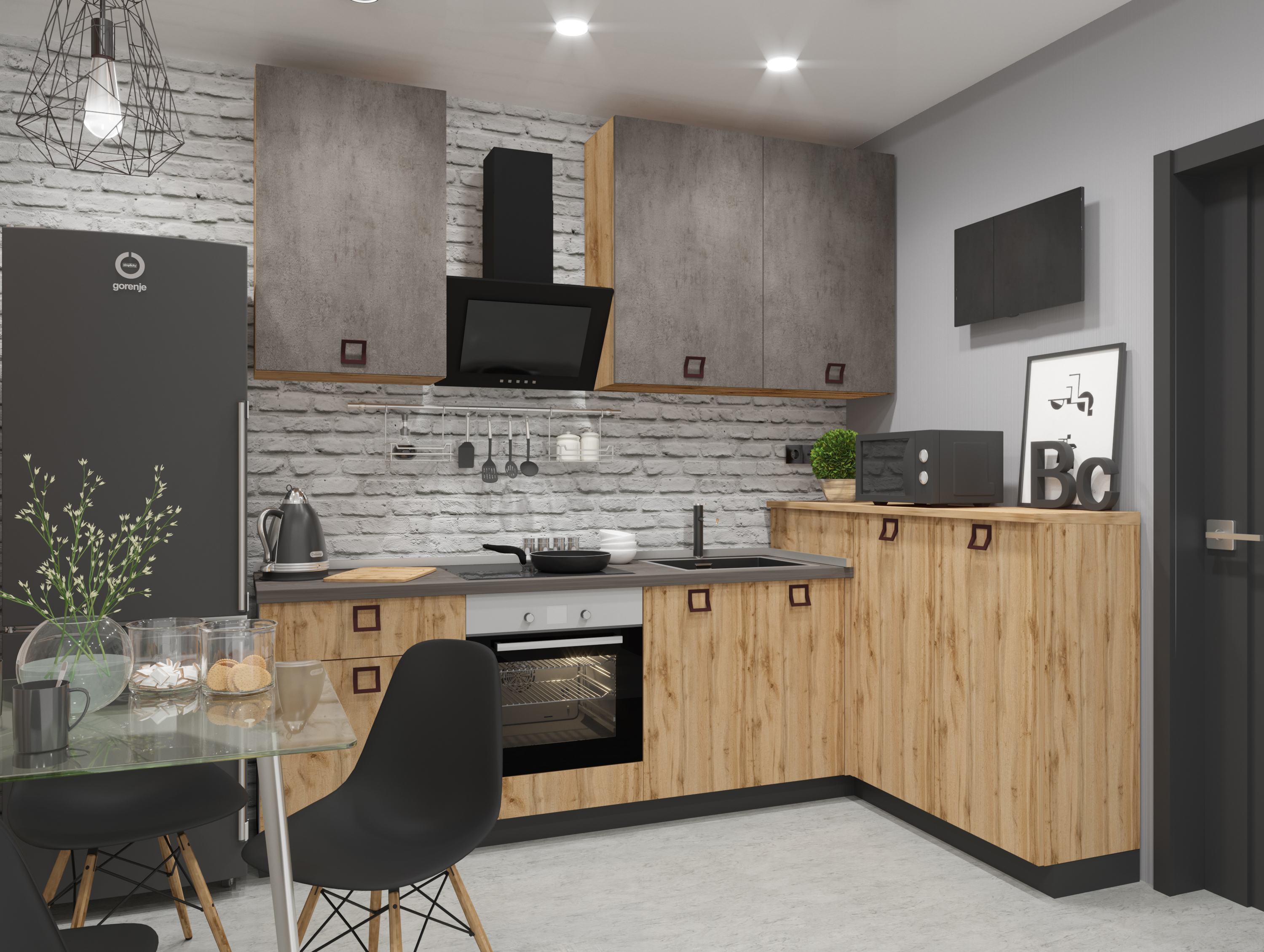 Кухонный гарнитур Еггер в стиле Лофт с телевизором