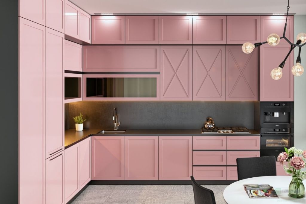 Кухонный гарнитур в скандинавском стиле розового цвета угловой 7 м с пеналами