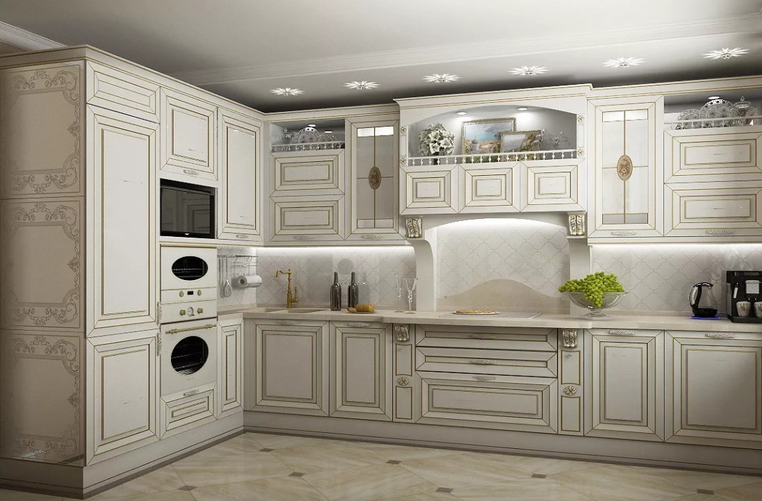 Кухня-столовая  крашенная Прованс белого цвета и порталом над варочной поверхностью