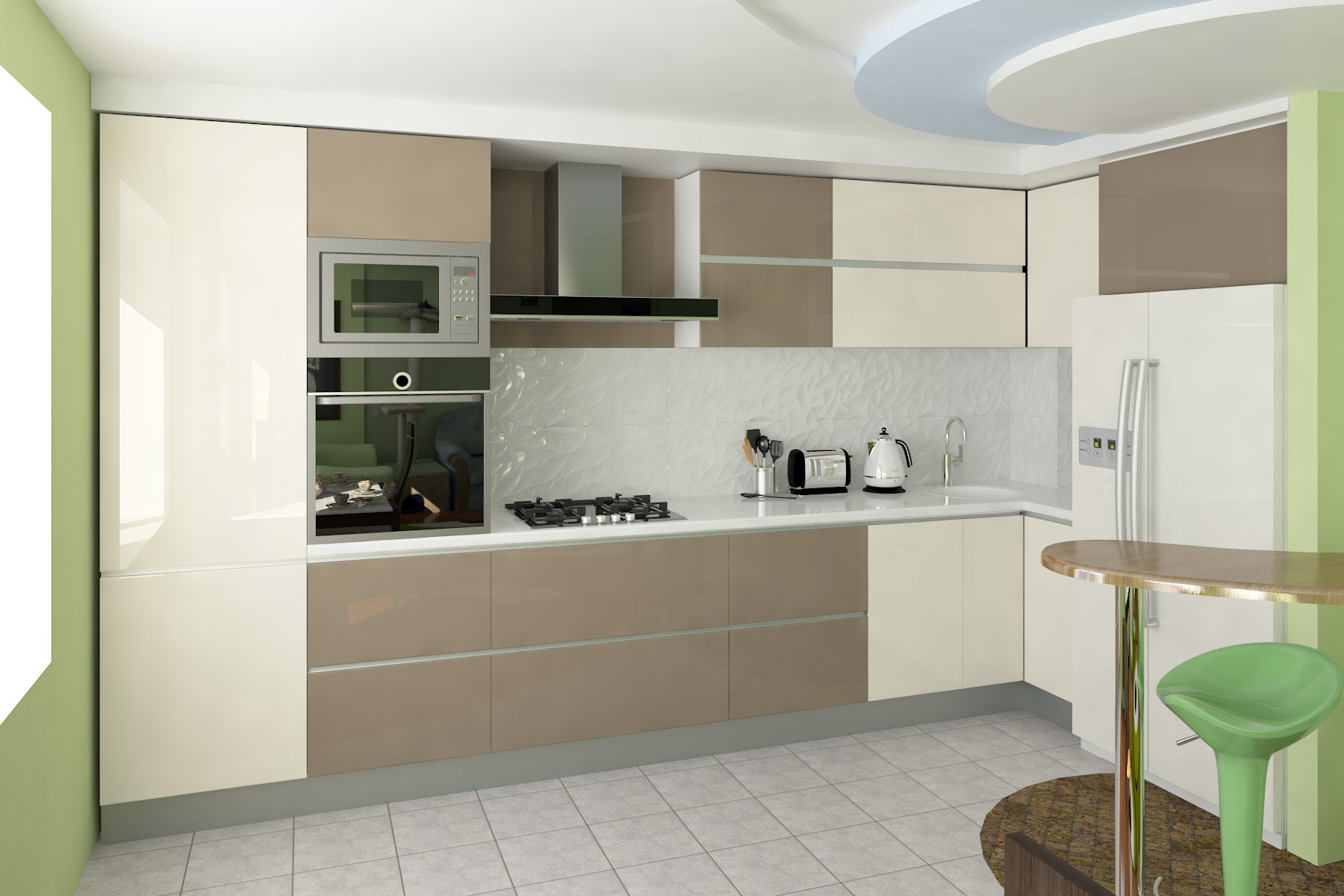 Кухня акрил угловая 12 кв м цвет коричневый с бежевым и с большим холодильником