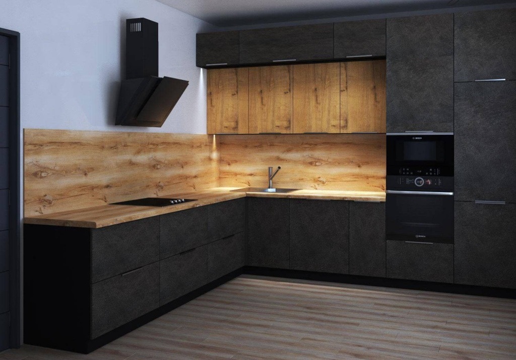 Кухонный гарнитур клиф угловой 7 м серый бетон с деревом и встроенным холодильником