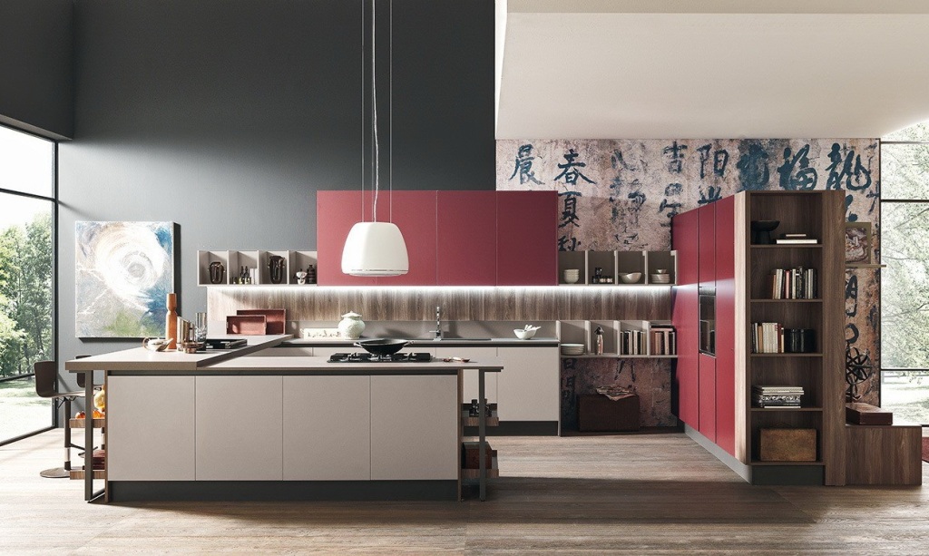 Кухня FENIX с островой 20 кв м красного цвета со встроенной техникой