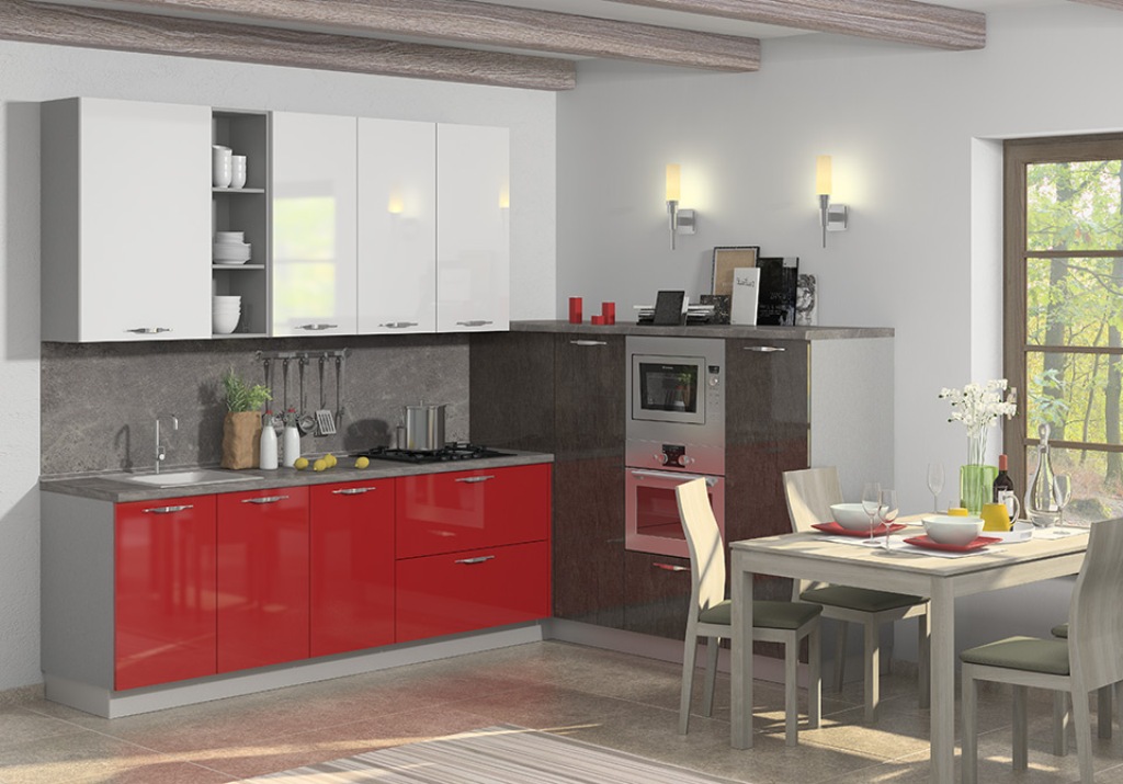Кухня Альтернатива с белыми и бордовыми фасадами 10 кв и встроенной духовкой