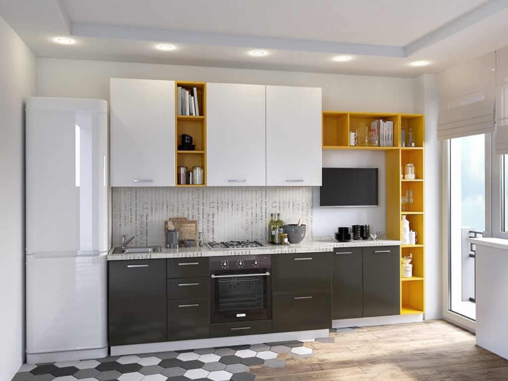 Кухонный гарнитур Alternative цвет Бело-серый прямой с телевизором на стене