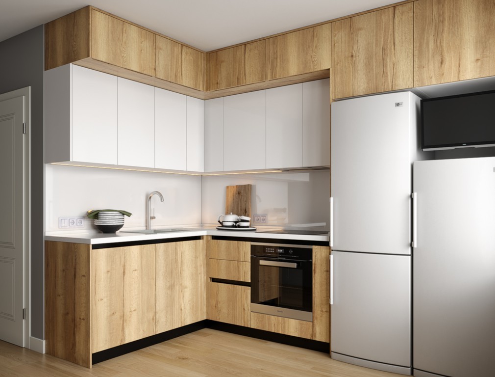 Кухонный гарнитур еггер цвета белый матовый с деревом и двумя холодильниками