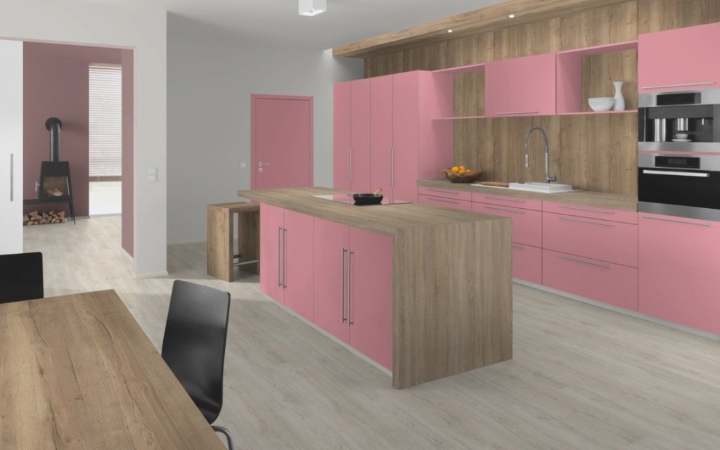 Кухонный гарнитур еггер розовый со вставками из дерева и островом
