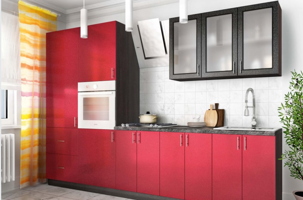 Кухня МДФ пленка прямая  3,6м красного цвета с черными витринами
