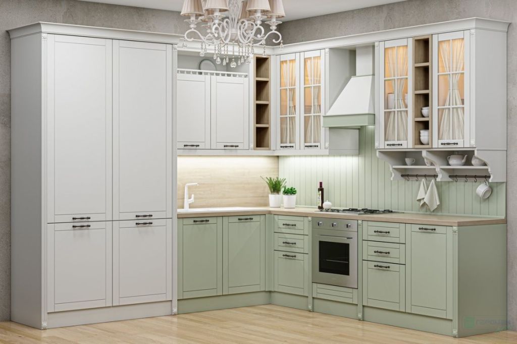Кухонный гарнитур Адонис с витринами и открытыми полками белый с зеленый
