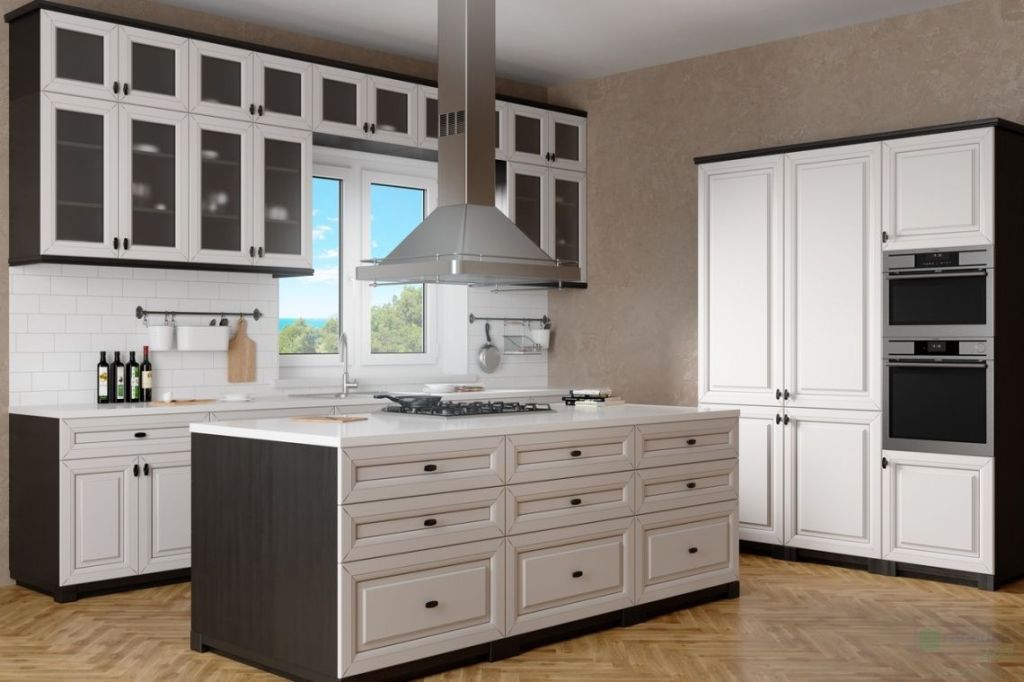Большой Кухонный гарнитур цвет белый с прозрачными витринами