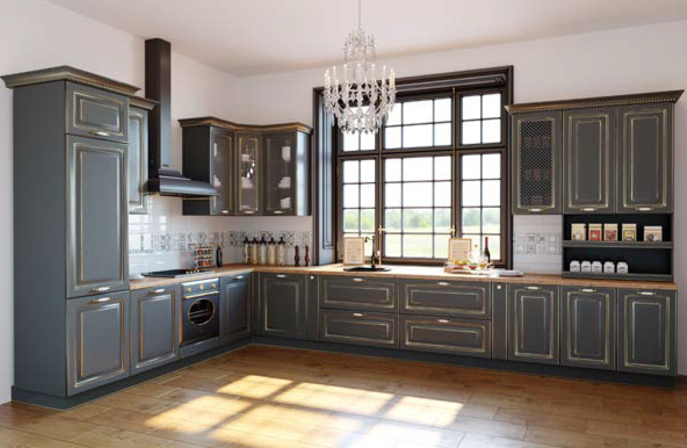 Кухонный гарнитур темно серый с золотой патиной угловой 5 м с большими окнами