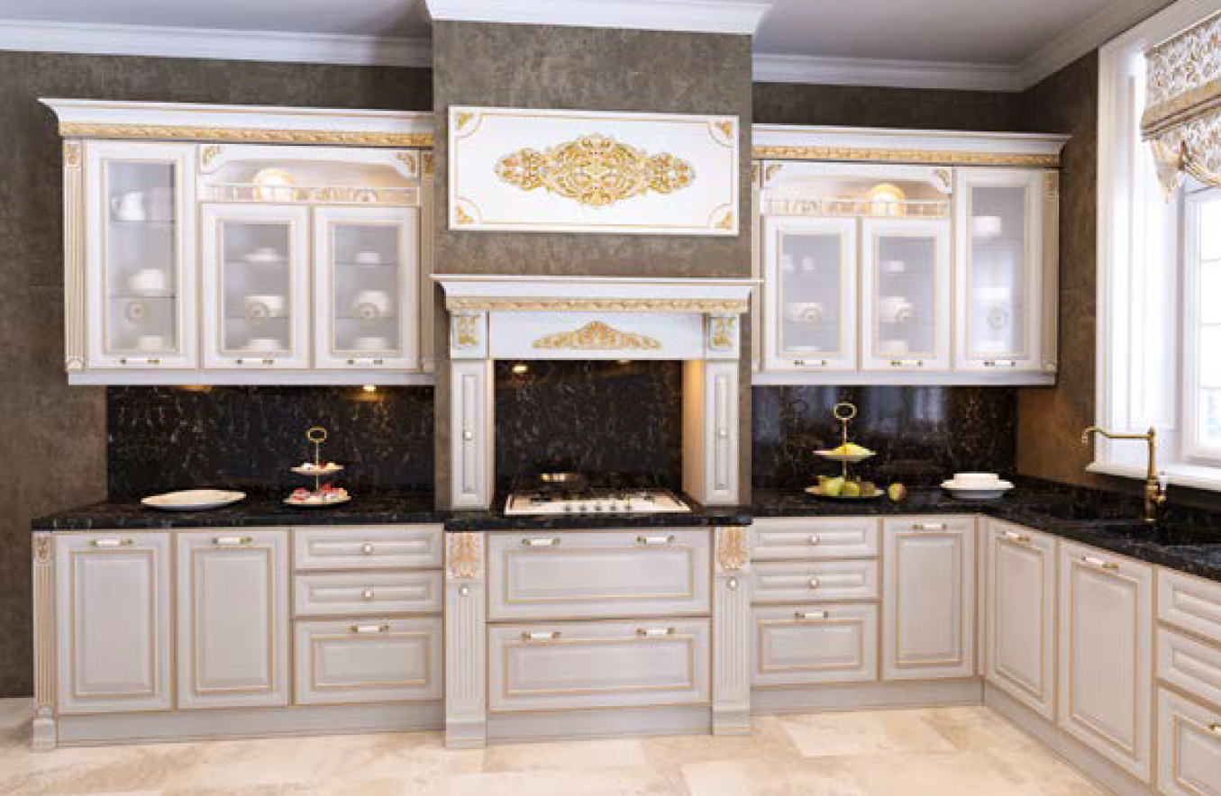 Кухня в классическом стиле с матовыми фасадами белого цвета
