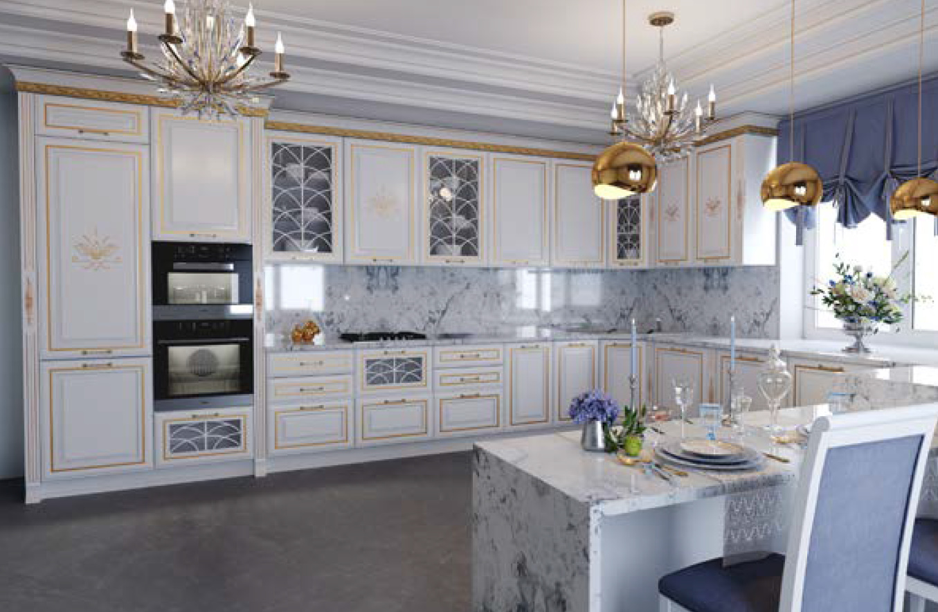 Кухня-столовая большая эмаль с фрезеровкой фасады белые с золотой патиной