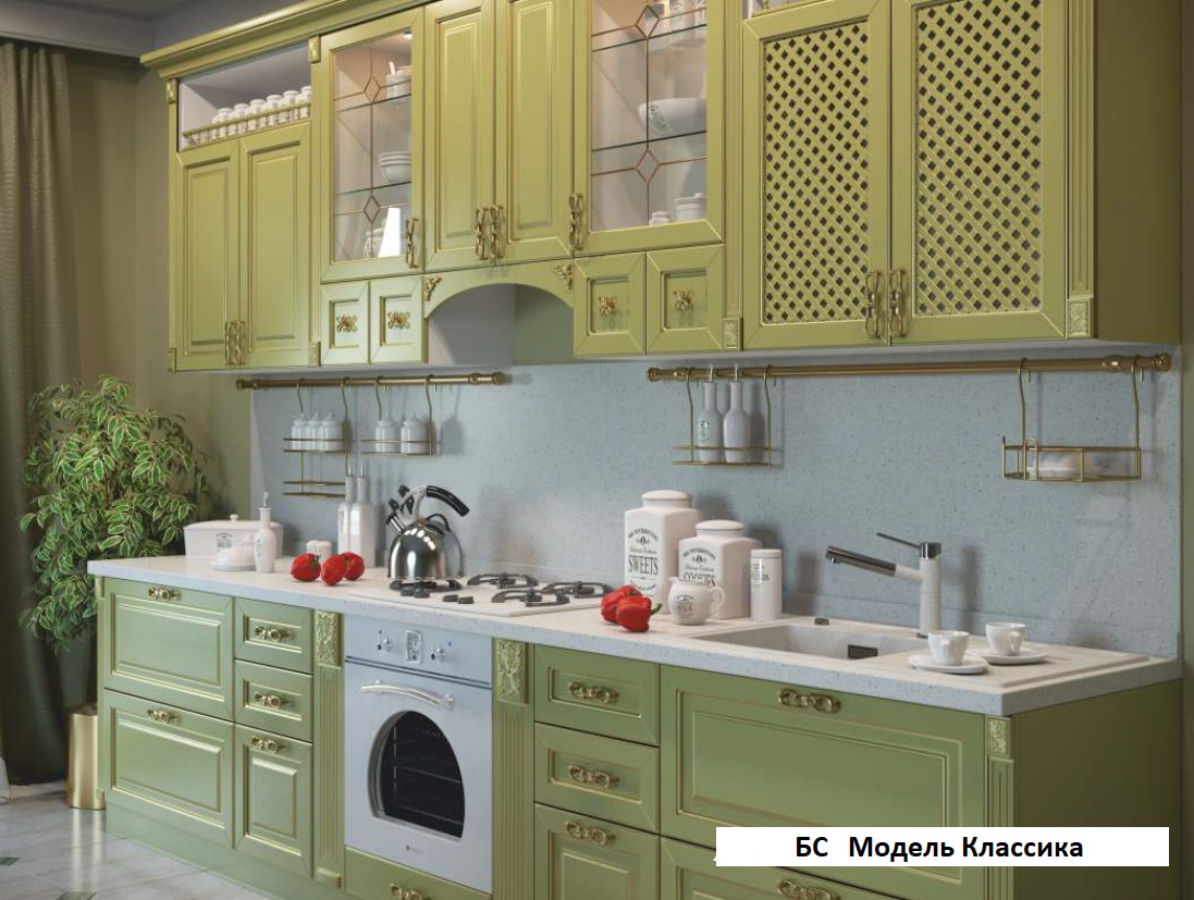 Кухня эмаль классика зеленная с решетками и встроенной вытяжкой